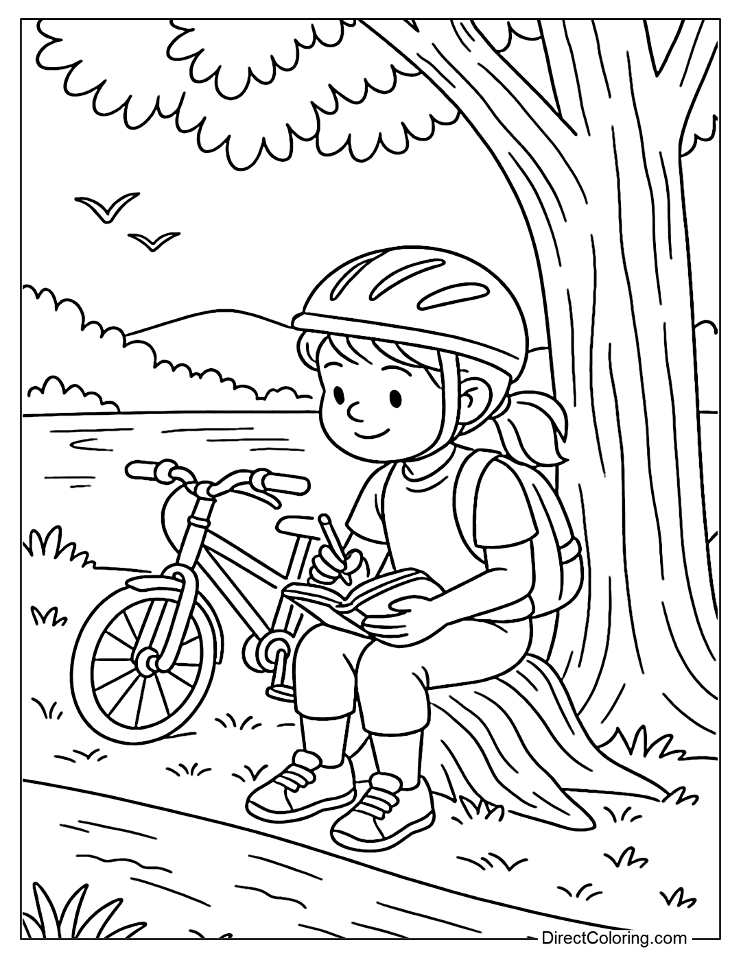 Coloring page of a girl stopping her bike near a lake, sitting and writing a diary under the shade of a tree